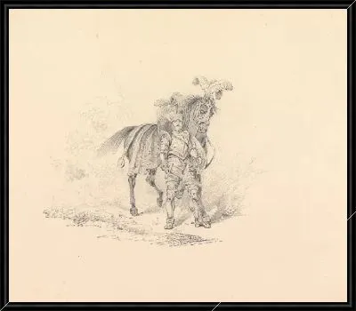 Рыцарь в доспехах, стоящий у пернатого коня