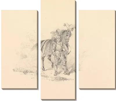 Рыцарь в доспехах, стоящий у пернатого коня