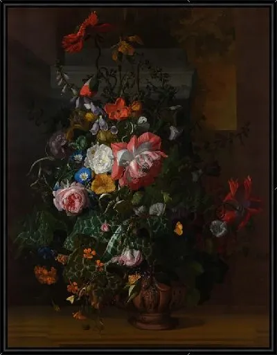 Картина Розы, вьюнок, маки и другие цветы в урне на каменном выступе