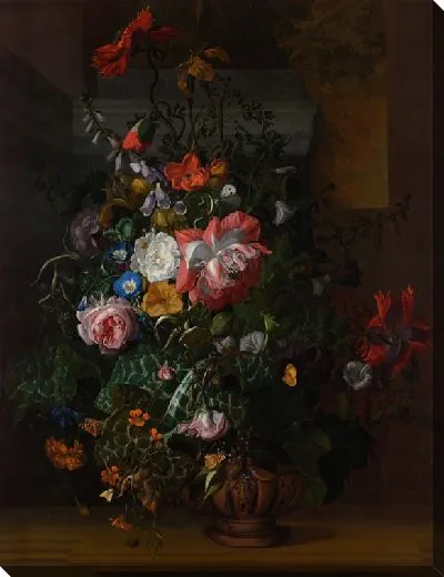 Картина Розы, вьюнок, маки и другие цветы в урне на каменном выступе