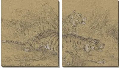 Картина Два тигра ползут по траве