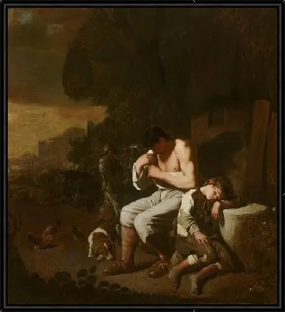 Спящий мальчик и человек, извлекающий из себя блох