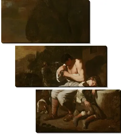 Спящий мальчик и человек, извлекающий из себя блох