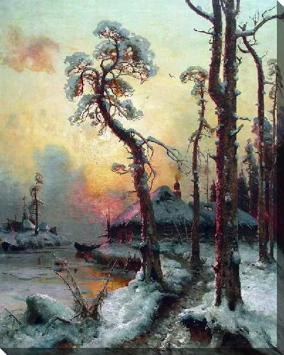 Картина Зимний пейзаж с рекой и домами (Winter landscape with river and houses)
