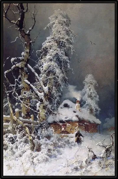 Картина Зимний пейзаж с избушкой (Winter landscape with a hut)