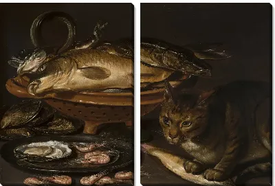 Картина Натюрморт с рыбой и кошкой