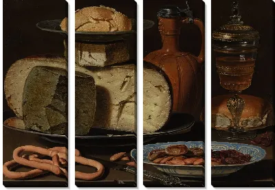 Натюрморт с сырами, миндалем и кренделями