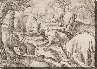 Картина Слоны, выводящие друг друга из ловушки, табличка 1 из серии Venationes Ferarum, Avium, Piscium