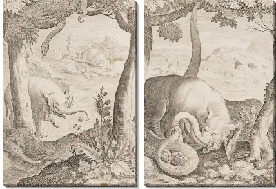 Картина Бой между слонами и змеями, тарелка 2 от диких зверей, птиц, рыбных серий