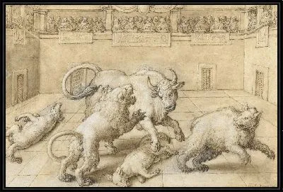 Бой на арене между быком, львом, медведем и двумя волками