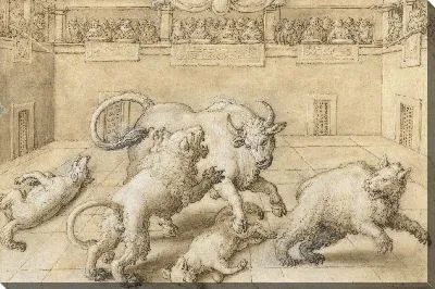 Бой на арене между быком, львом, медведем и двумя волками