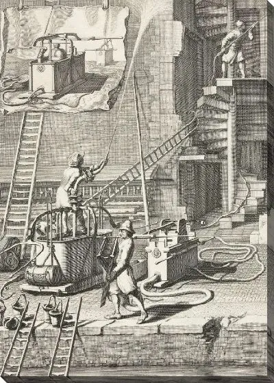 Картина Старые пожарные распылители и новые шланговые пожарные распылители, 1690 г.