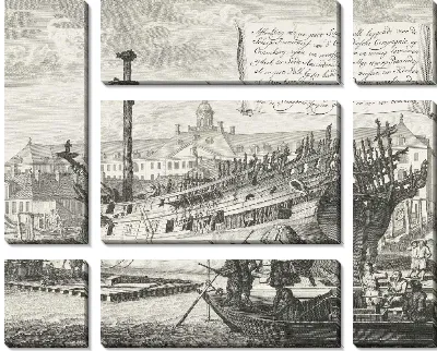 Картина Частично сгоревшее судно на Ост-Индской верфи в Остенбурге, 1690 г.