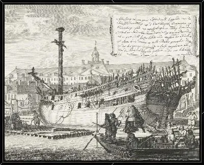 Картина Частично сгоревшее судно на Ост-Индской верфи в Остенбурге, 1690 г.