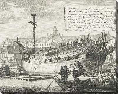 Картина Частично сгоревшее судно на Ост-Индской верфи в Остенбурге, 1690 г.