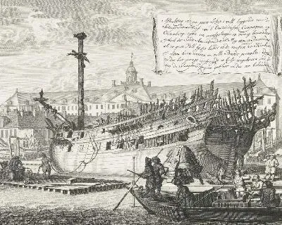 Картина Частично сгоревшее судно на Ост-Индской верфи в Остенбурге, 1690 г.