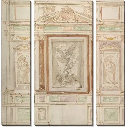 Архитектурный проект монументального алтаря с композицией «Святой Михаил против сатаны и двух святых» (Святые Петр и Павел?)