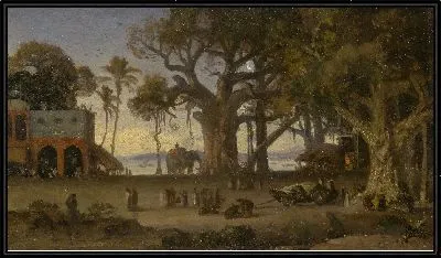 Картина Лунная сцена индийских фигур и слонов среди баньянов, Верхняя Индия (вероятно, Лакхнау)