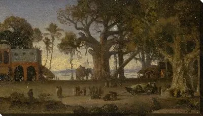 Картина Лунная сцена индийских фигур и слонов среди баньянов, Верхняя Индия (вероятно, Лакхнау)