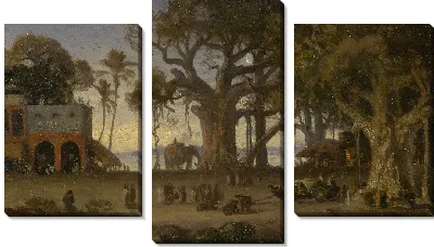 Лунная сцена индийских фигур и слонов среди баньянов, Верхняя Индия (вероятно, Лакхнау)