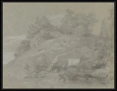 Картина Река у скалистого берега с фигурами, возможно, в Индии