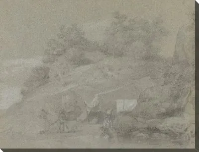 Картина Река у скалистого берега с фигурами, возможно, в Индии