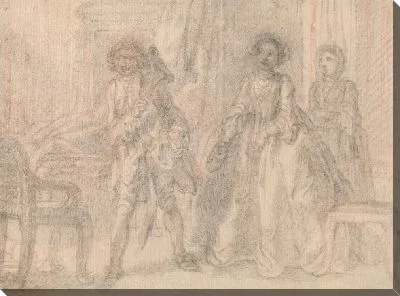 Сцена из спектакля: джентльмен скрывает свое лицо за своей треуголкой от леди и ее служанки