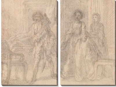 Сцена из спектакля: джентльмен скрывает свое лицо за своей треуголкой от леди и ее служанки