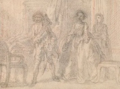 Сцена из спектакля: джентльмен скрывает свое лицо за своей треуголкой от леди и ее служанки