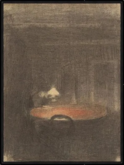 Картина Чтение рисунка за столом в интерьере ночью