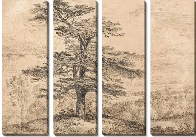 Картина Кедр на подъеме со стадом оленей, сгруппированных под его тенью