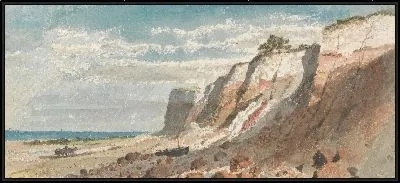 Картина Берег моря и скалы, с лошадью, телегой и пристанью на берегу