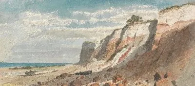 Картина Берег моря и скалы, с лошадью, телегой и пристанью на берегу