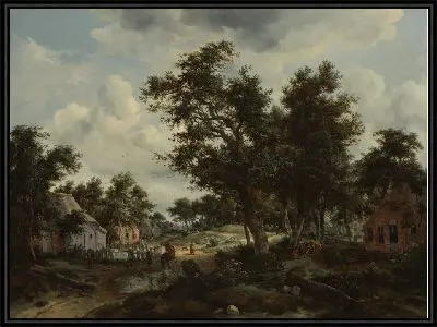 Лесной пейзаж с путниками на пути через деревню