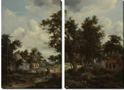 Лесной пейзаж с путниками на пути через деревню