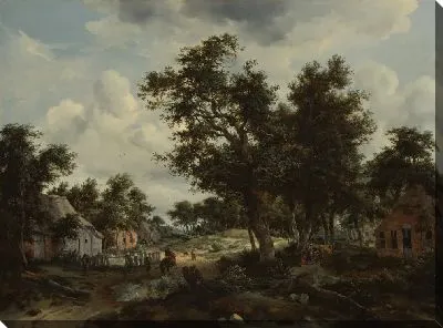 Лесной пейзаж с путниками на пути через деревню