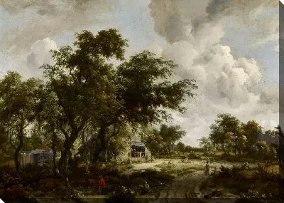 Деревня с водяным мельницей среди деревьев