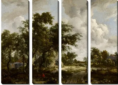 Деревня с водяным мельницей среди деревьев