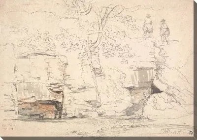 Картина Скалистый склон с деревьями и фигурами