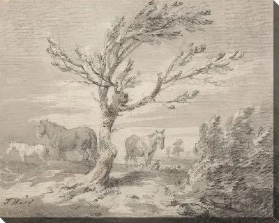 Картина Пейзаж с тремя лошадьми и деревом на переднем плане