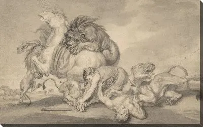 Картина Львы нападают на двух мужчин и лошадь