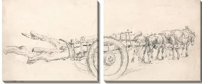 Картина Деревянная повозка, загруженная стволами деревьев, запряженная парой лошадей и волами