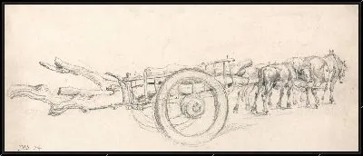 Картина Деревянная повозка, загруженная стволами деревьев, запряженная парой лошадей и волами