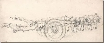 Картина Деревянная повозка, загруженная стволами деревьев, запряженная парой лошадей и волами