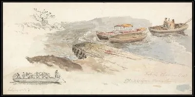 Картина Навесная лодка и две гребные лодки у причала; Вставка слева, карандашное исследование парома Tintern.