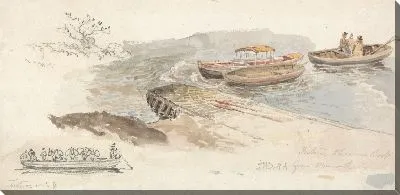 Картина Навесная лодка и две гребные лодки у причала; Вставка слева, карандашное исследование парома Tintern.