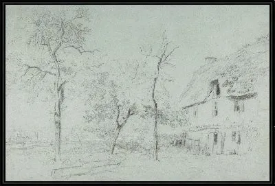 Сельский дом с соломенной крышей и деревьями у реки