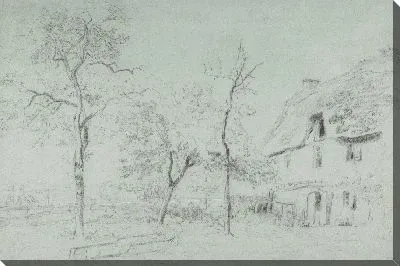 Сельский дом с соломенной крышей и деревьями у реки