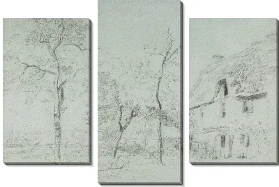 Сельский дом с соломенной крышей и деревьями у реки