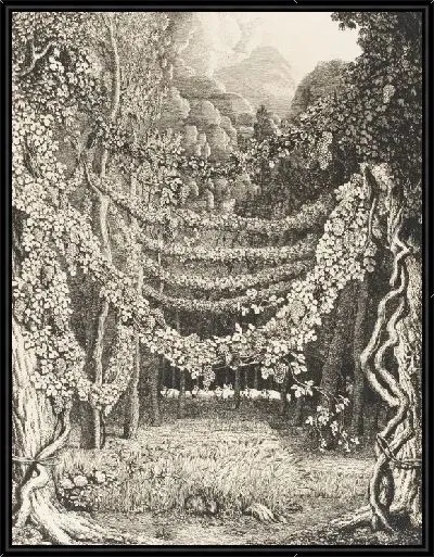 Картина Лесная сцена с гирляндами гирлянд и стадом буйволов на расстоянии